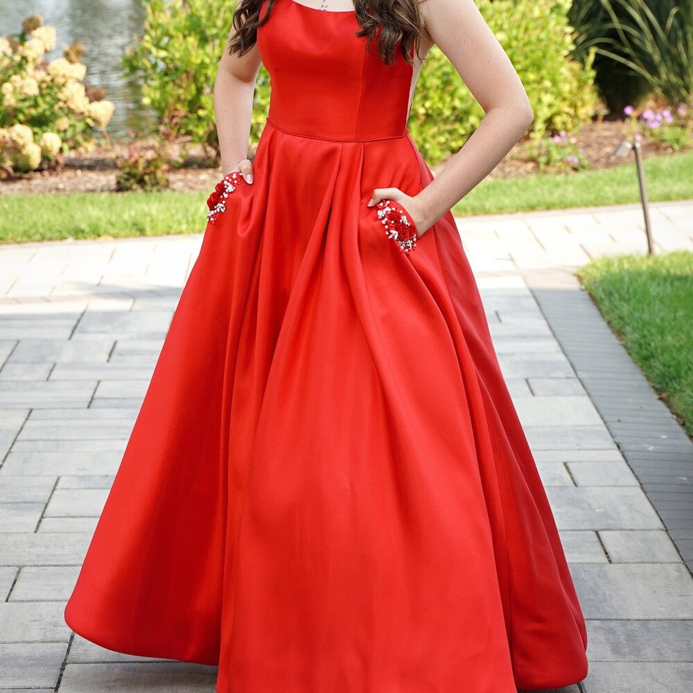 Red Satin Gown w/ Spaghetti Straps, Rhinestone Pockets, Mesh Side Panel - size 8